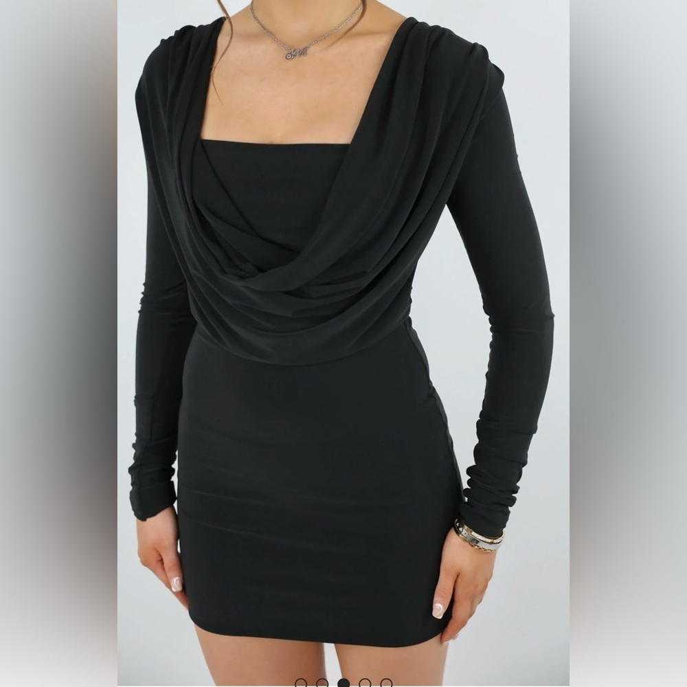 BLACK OUI MOMENTS COWL NECK LONG SLEEVE MINI DRESS
